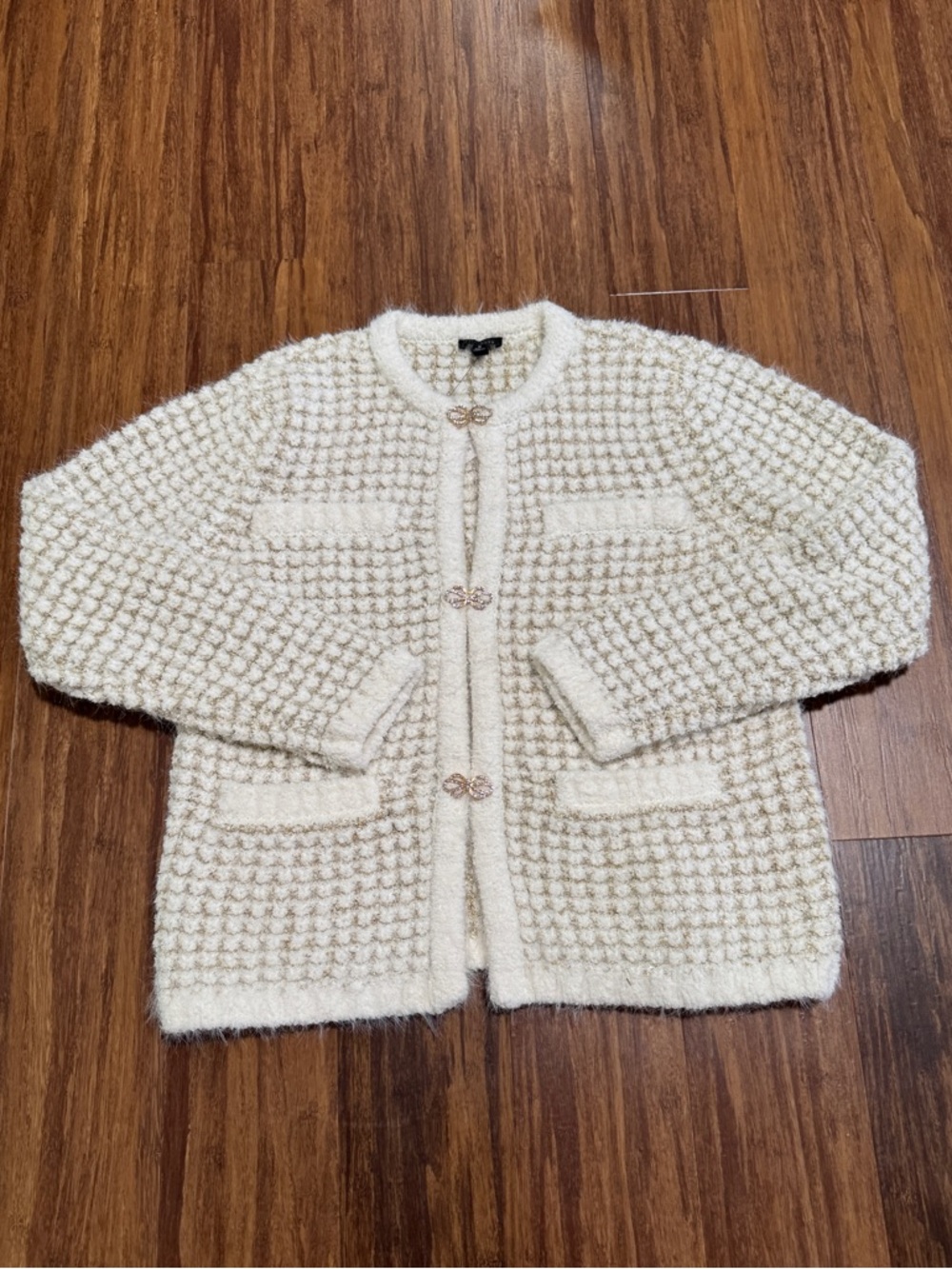NWT Talbots Ivory Gold Metallic Jacquard Button Front Cardigan Women’s Size M